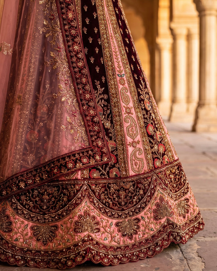 Maroon Velvet Embroidered Bridal Lehenga (47624)