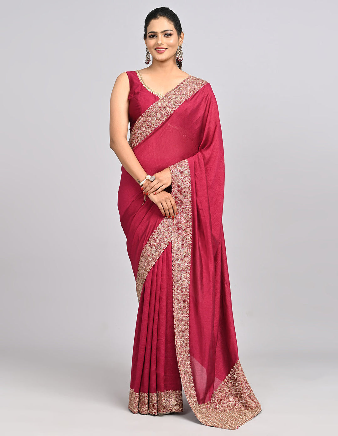 Iraaya – Wine Silk Saree with Zari Border & Self-Coloured Blouse | Fazals (48098)