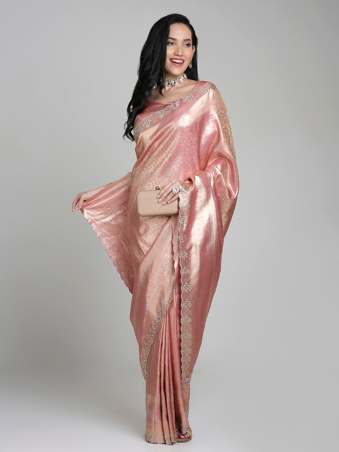 Anahita – Peach Pink Woven Silk Saree with Antique Gold Lace Border | Fazals (45378)