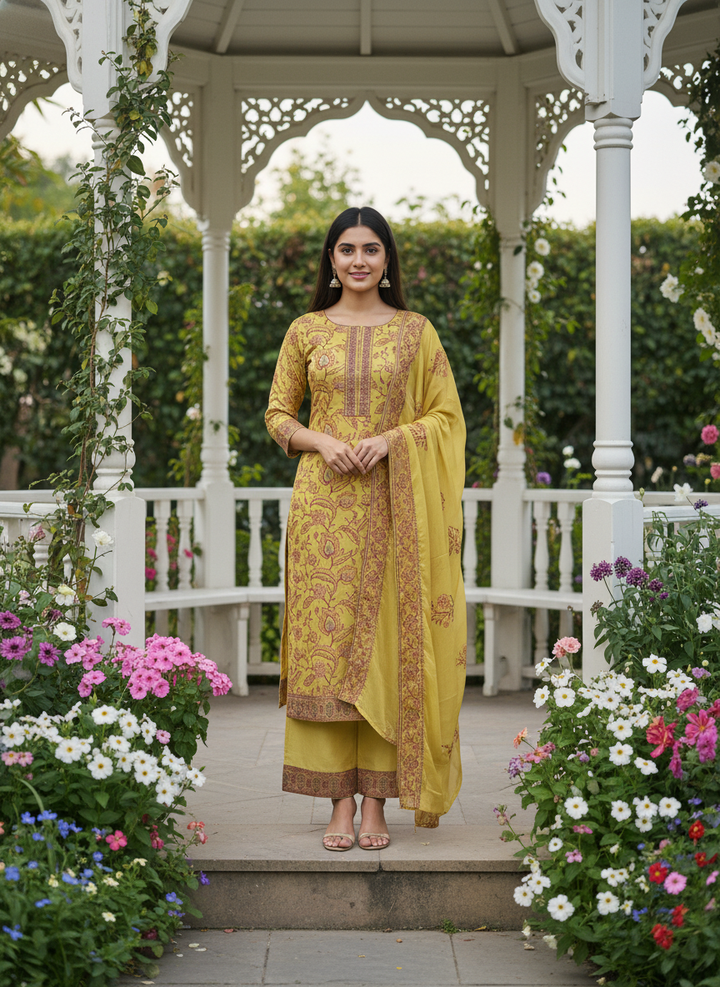 Embroidered Yellow Upada Silk Unstitched Fabric (49467)