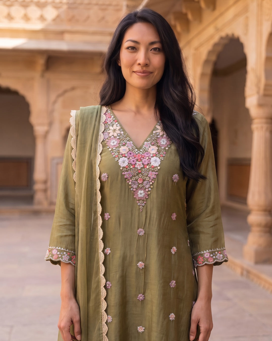 Rust Georgette Embroidered Festive Pant Set (49644)