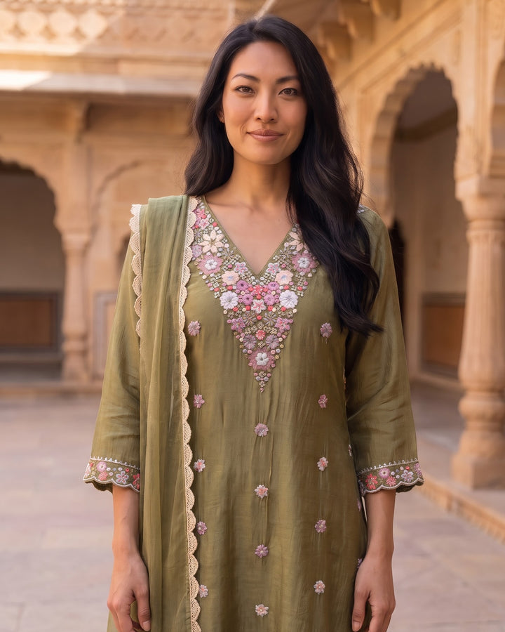 Rust Georgette Embroidered Festive Pant Set (49644)
