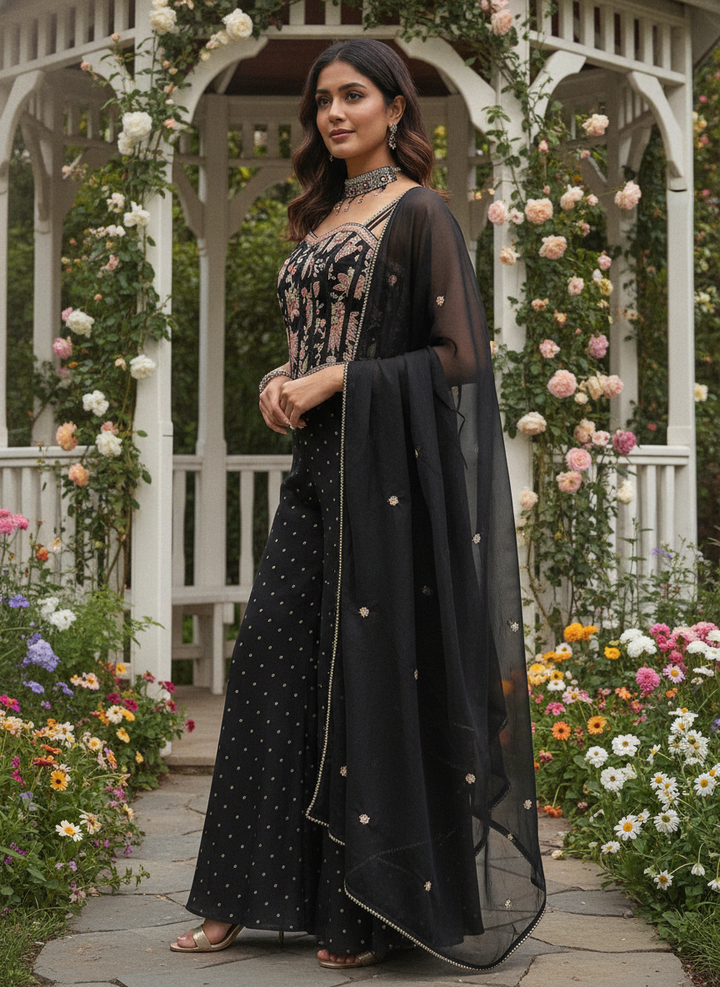 Black Silk Embroidered Plazo Suit Ensemble (56110)