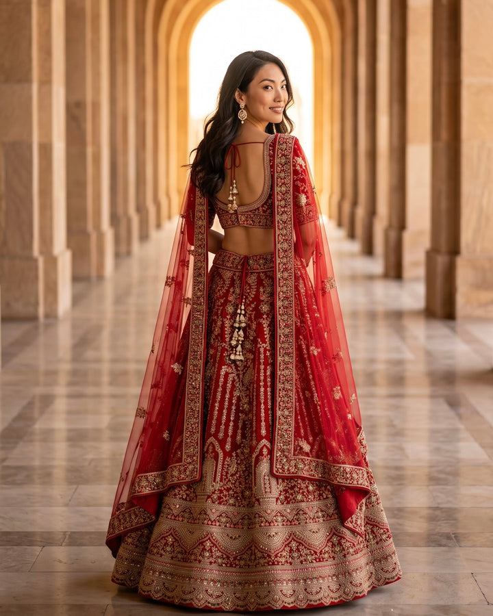 Luxurious Scarlet Velvet Bridal Lehenga with Exquisite Embellishments (43445)