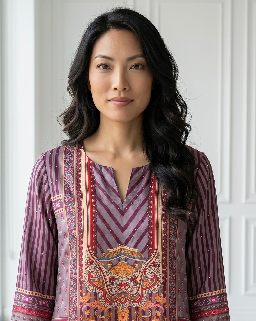 Wine Crepe Embroidered Straight Cut Festive Ensemble (51353)