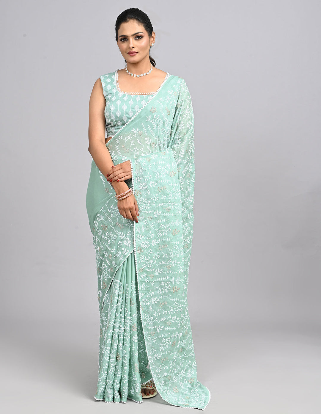 Aira – Mint Green Georgette Saree with Embroidered Thread Work Blouse | Fazals (43388)