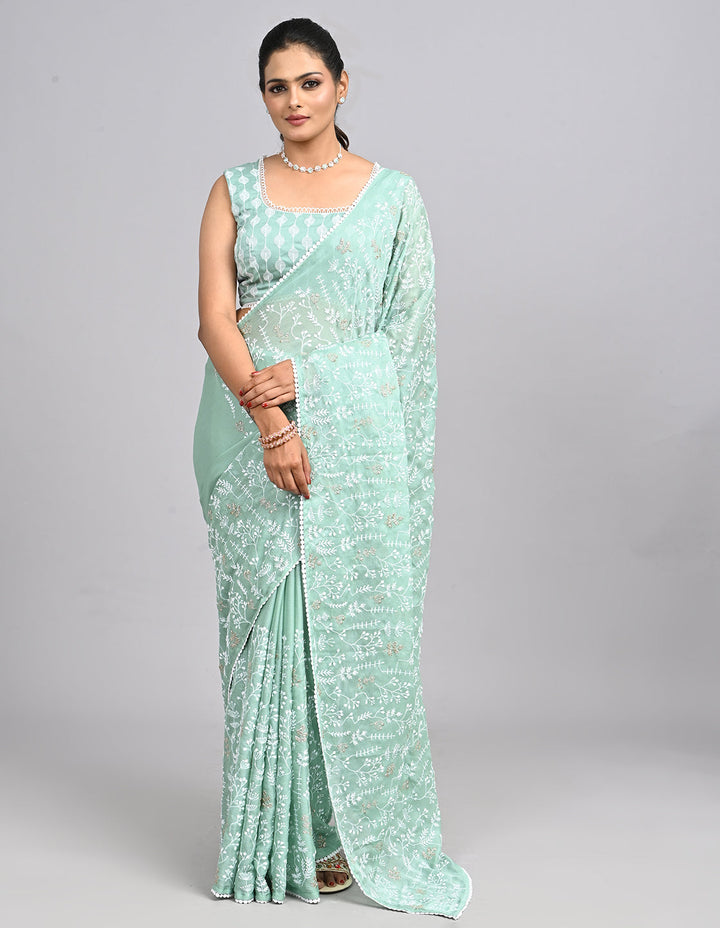 Aira – Mint Green Georgette Saree with Embroidered Thread Work Blouse | Fazals (43388)