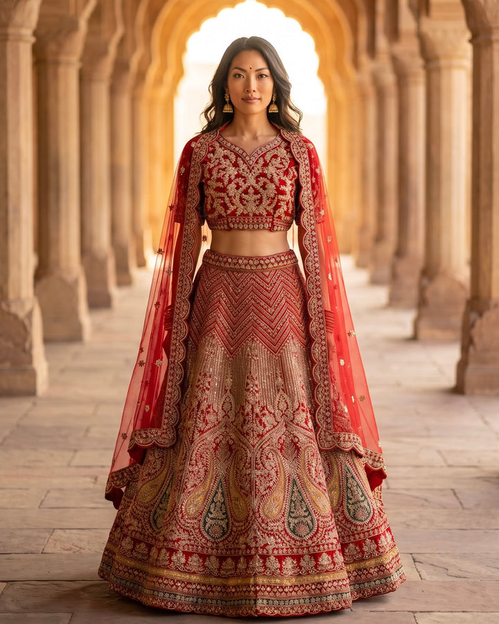 Crimson Velvet Bridal Lehenga with Embroidery (51899)