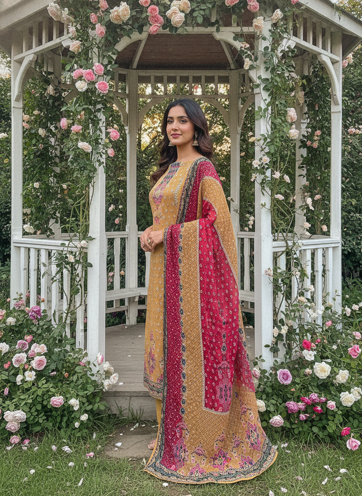 Mustard Muslin with Printed Embroidery Elegance (52828)