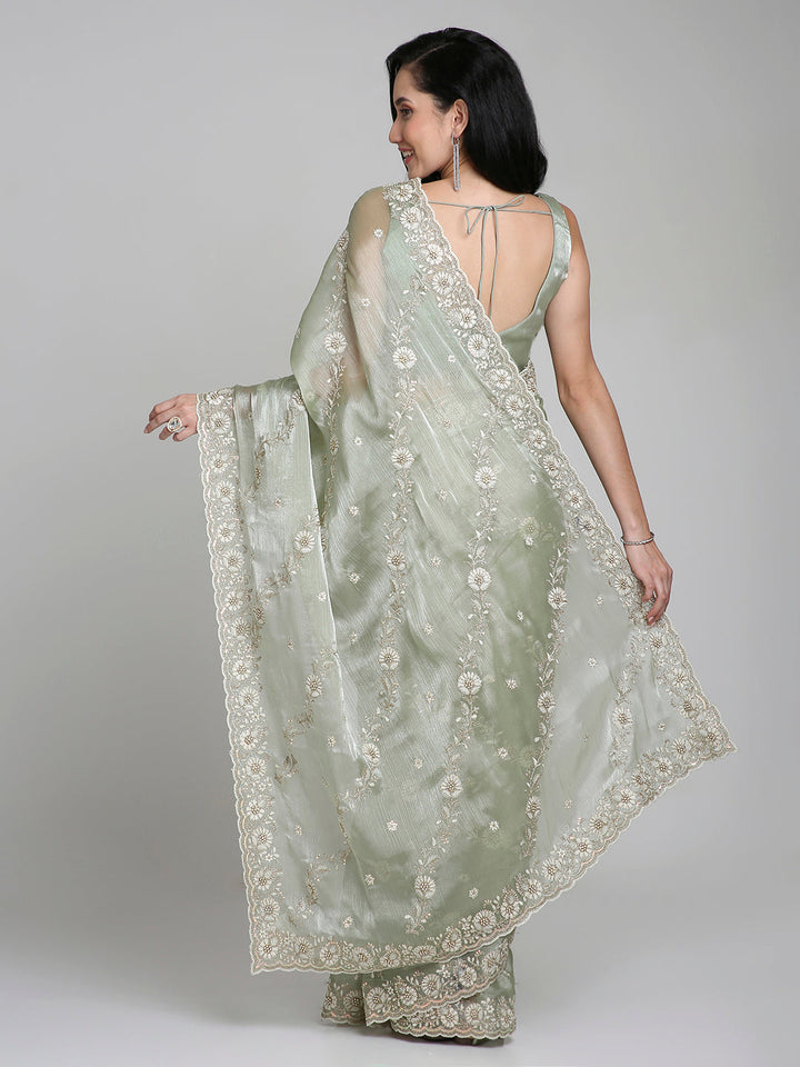 Ishira – Sage Green Embroidered Chiffon Saree with Pearl Lace Border | Fazals (44171)