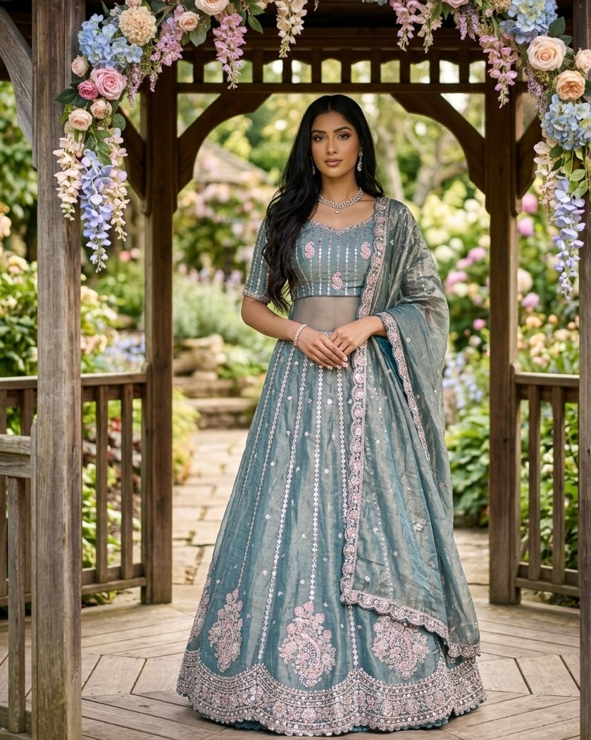 Embroidered Blue Organza Dupatta with Elegant Detailing (54511)