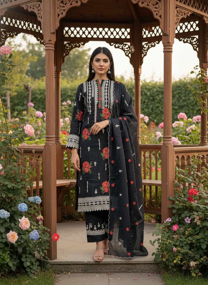 Embroidered Black Mull Unstitched Fabric (54640)