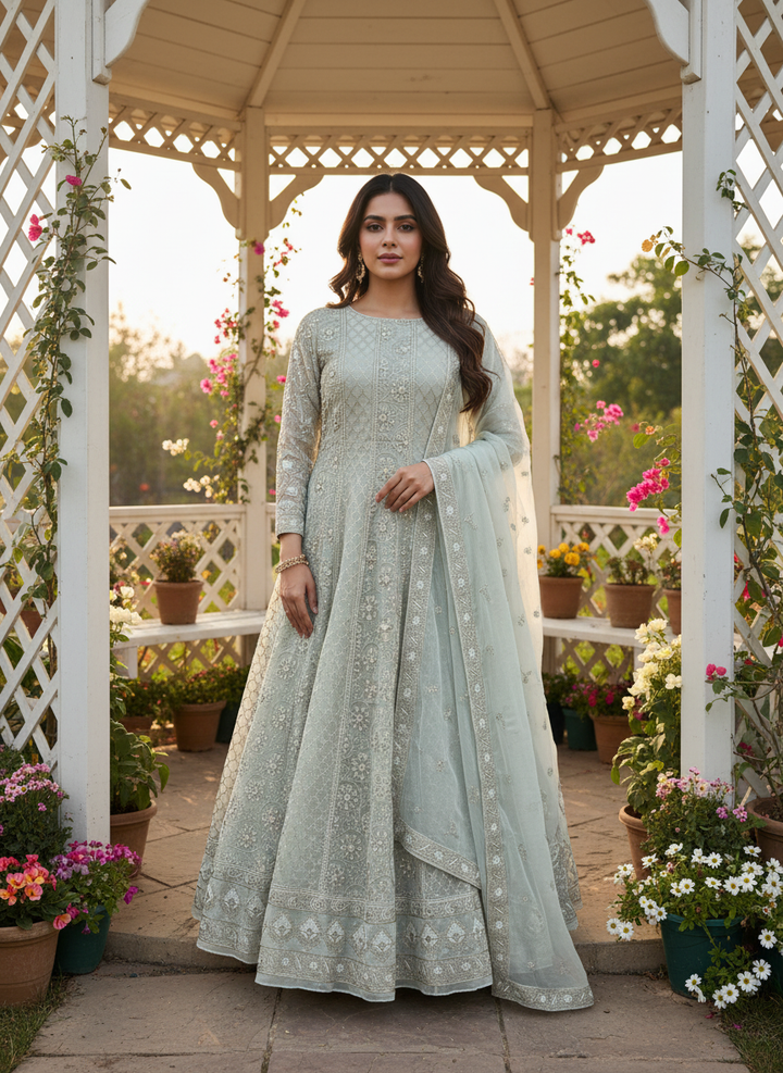 Light Green Zari Georgette Festive Ensemble (54556)