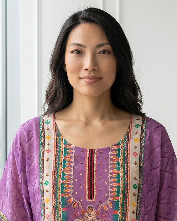 Lavender Muslin Embroidered Festive Kaftan (42197)