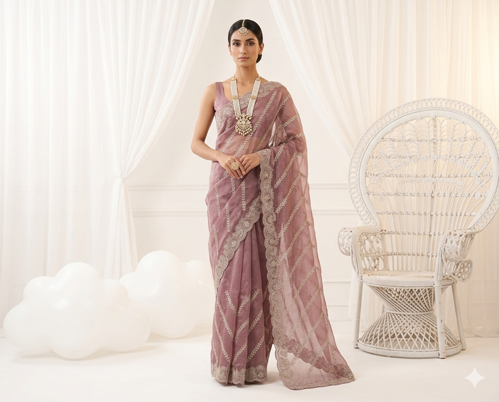 Lavender Organza Saree with Allover Embroidery (54593)