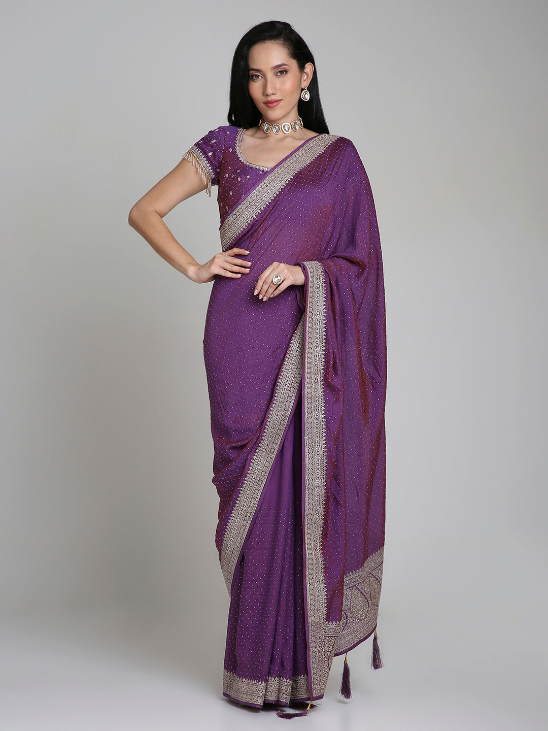 Saanvi – Purple Silk Saree with Gold Swarovski Border | Fazals (45070)