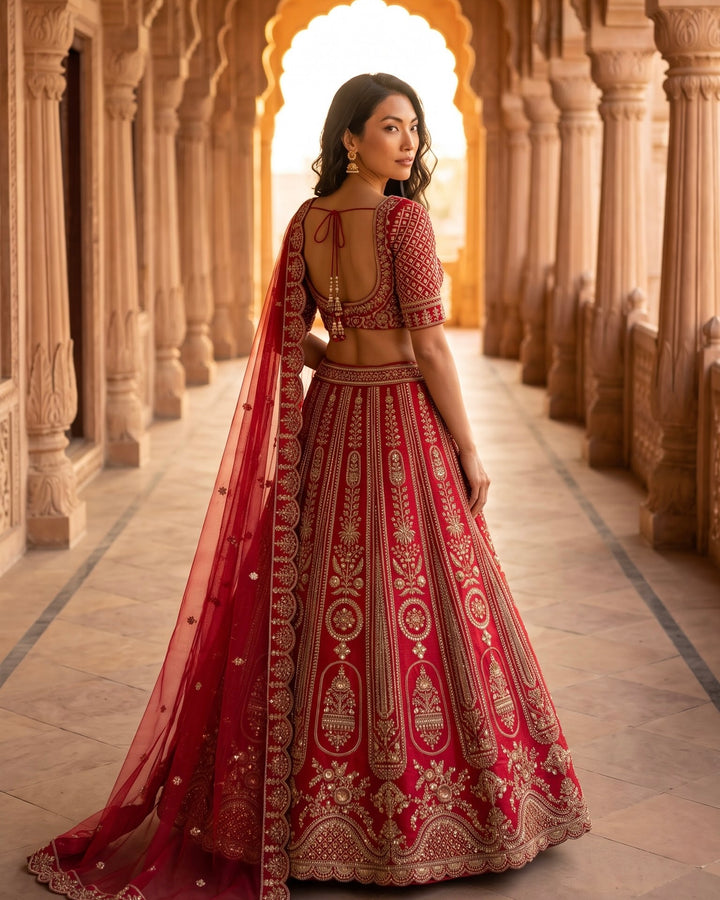 Rani Pink Embroidered Silk Bridal Lehenga (52283)