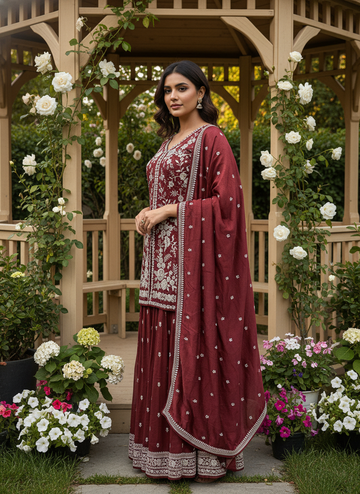 Embroidered Maroon Silk Plazo Suit for Festive Elegance (53032)