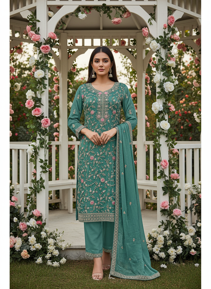 Green Tissue Pant Suit with Cutdana Handwork (53941)