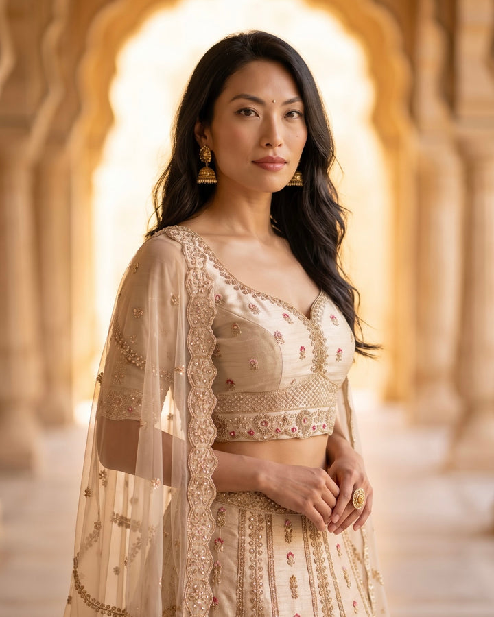 Cream Silk Bridal Lehenga with Embroidery (49200)