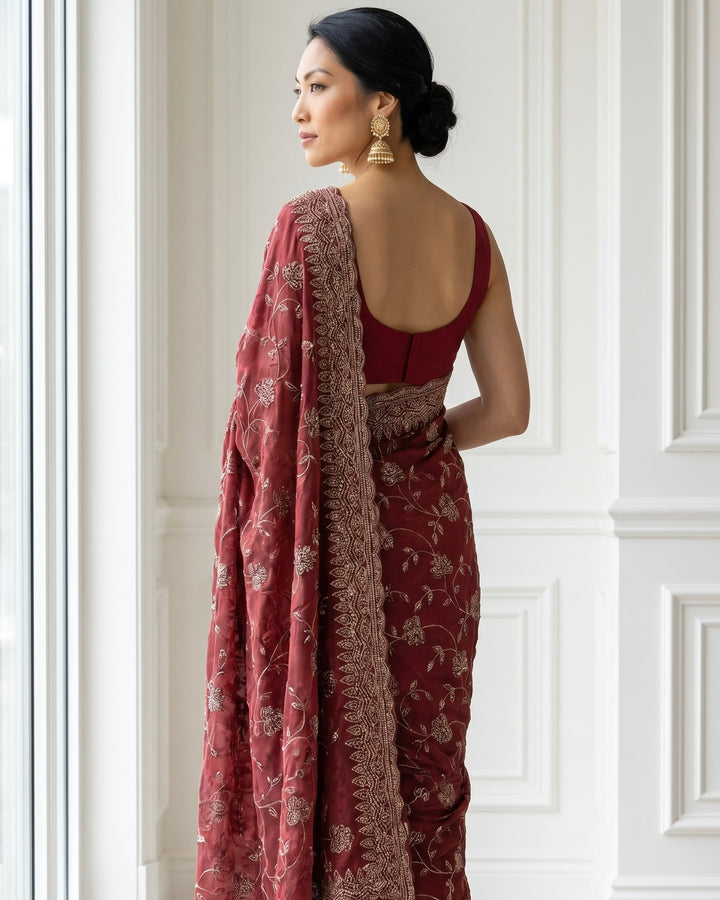 Peach Organza Saree with Allover Embroidery (54582)
