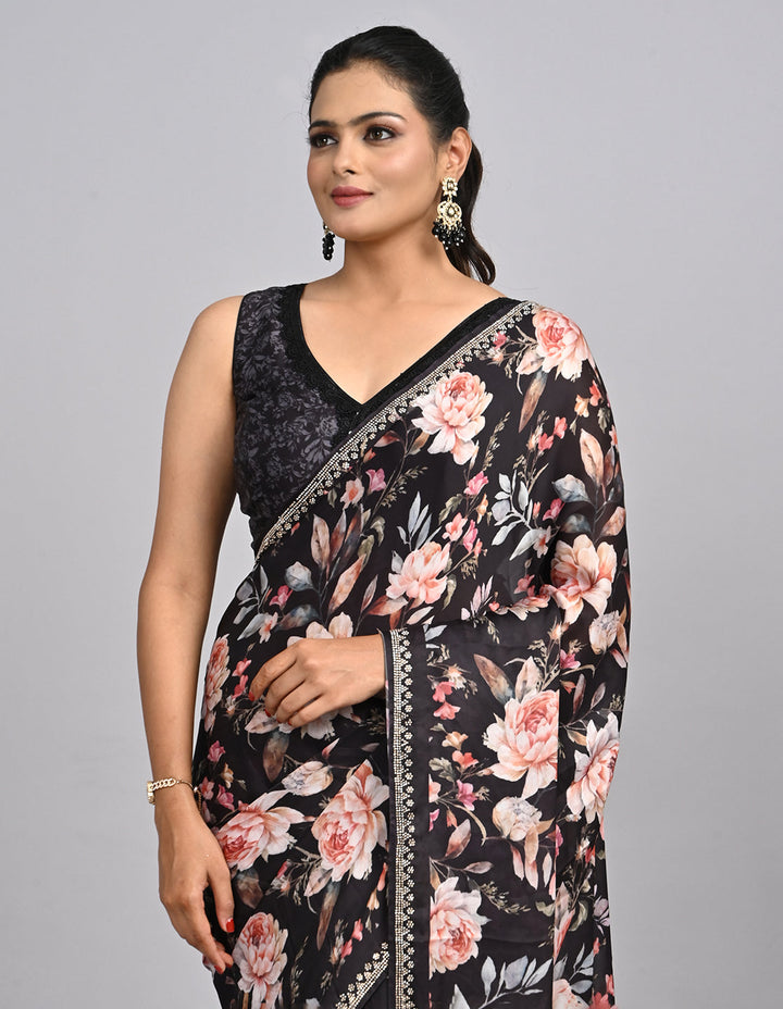 Noor – Black Floral Satin Saree with printed Blouse | Fazals (47108)