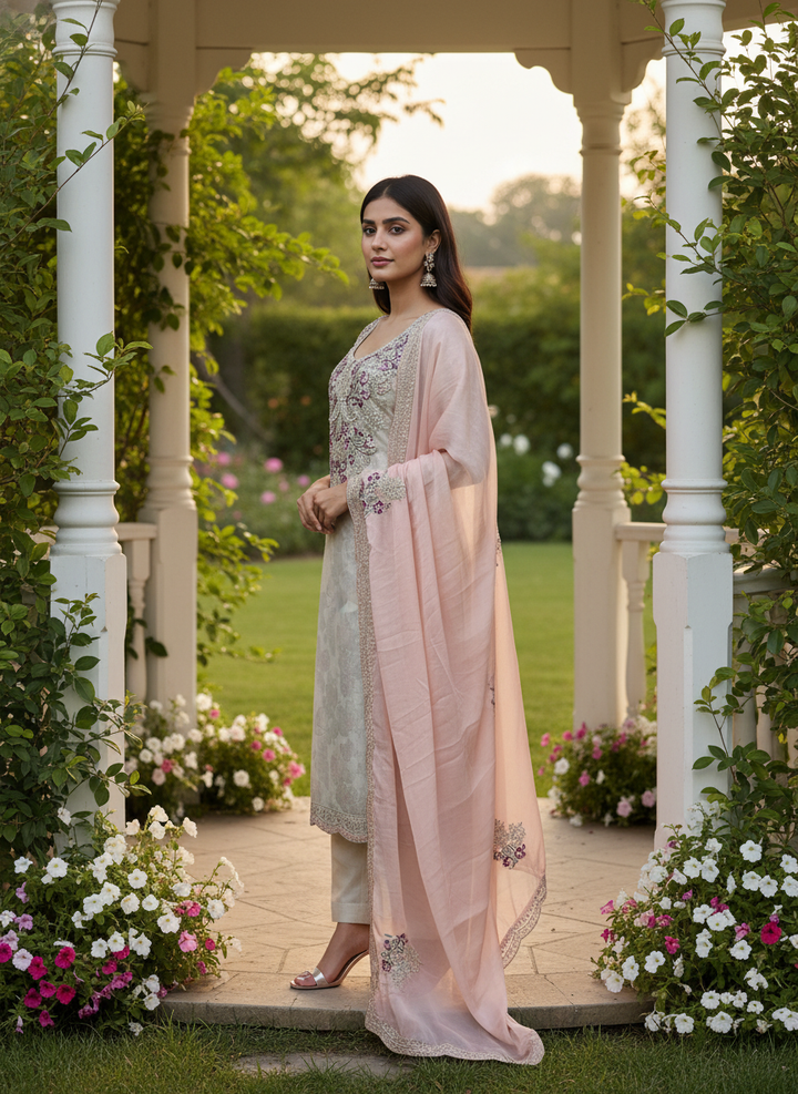 Beige Embroidered Organza Festive Ensemble (52316)