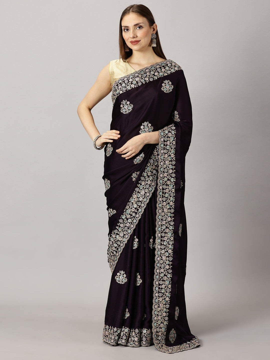 Yamuna - Satin Georgette Wine Zari Embroidered Saree (33095)