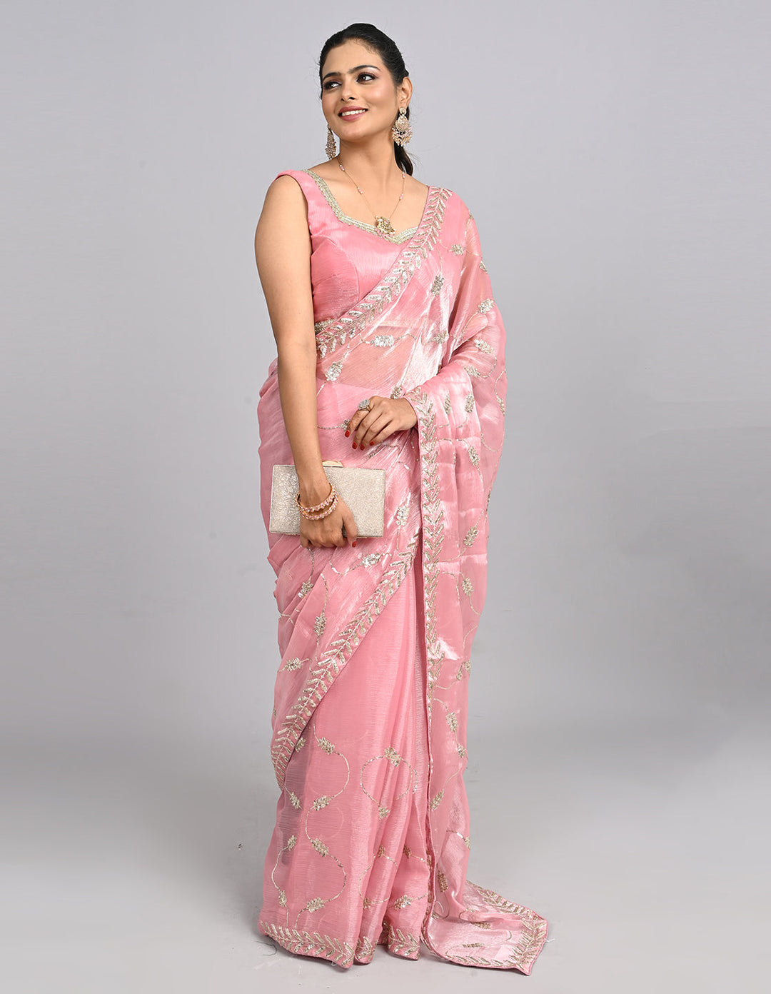 Samaira – Pink Tissue Saree with Sequin Embroidery & Self-Coloured Blouse | Fazals (45063)