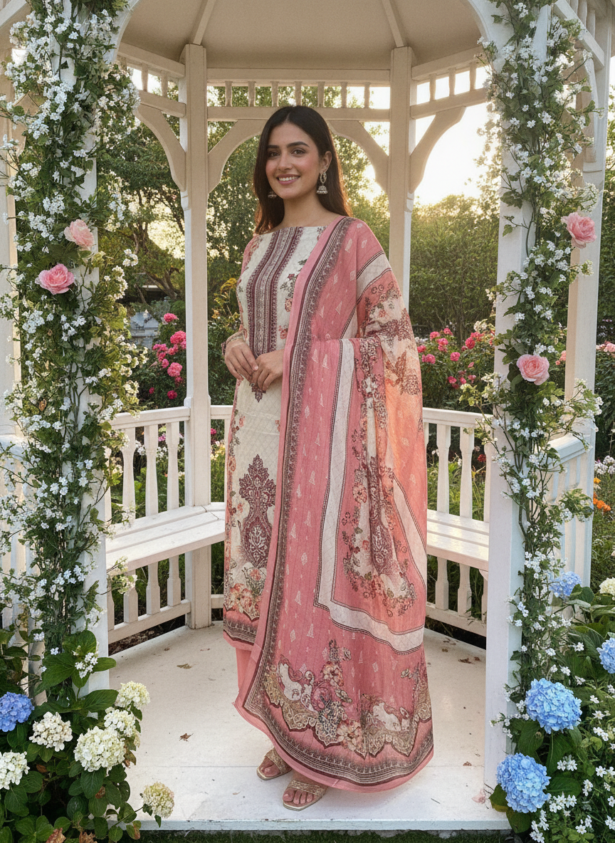 Peach Muslin Dupatta with Printed Embroidery (50903)