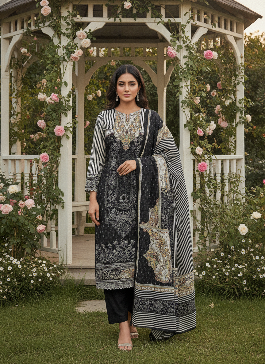 Black Muslin Embroidered Cotton Dupatta Set (51980)