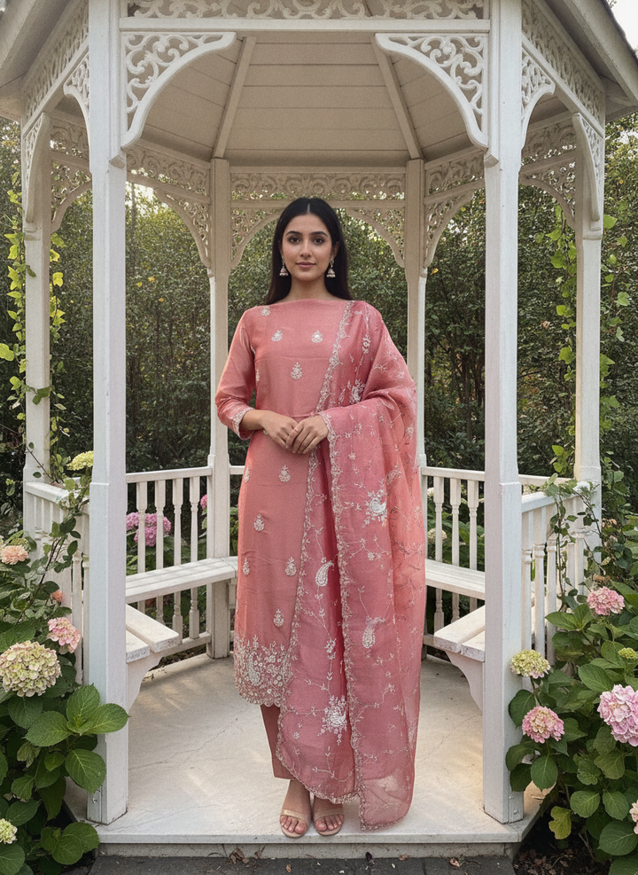 Peach Tissue Embroidered Unstitched Ensemble (58885)