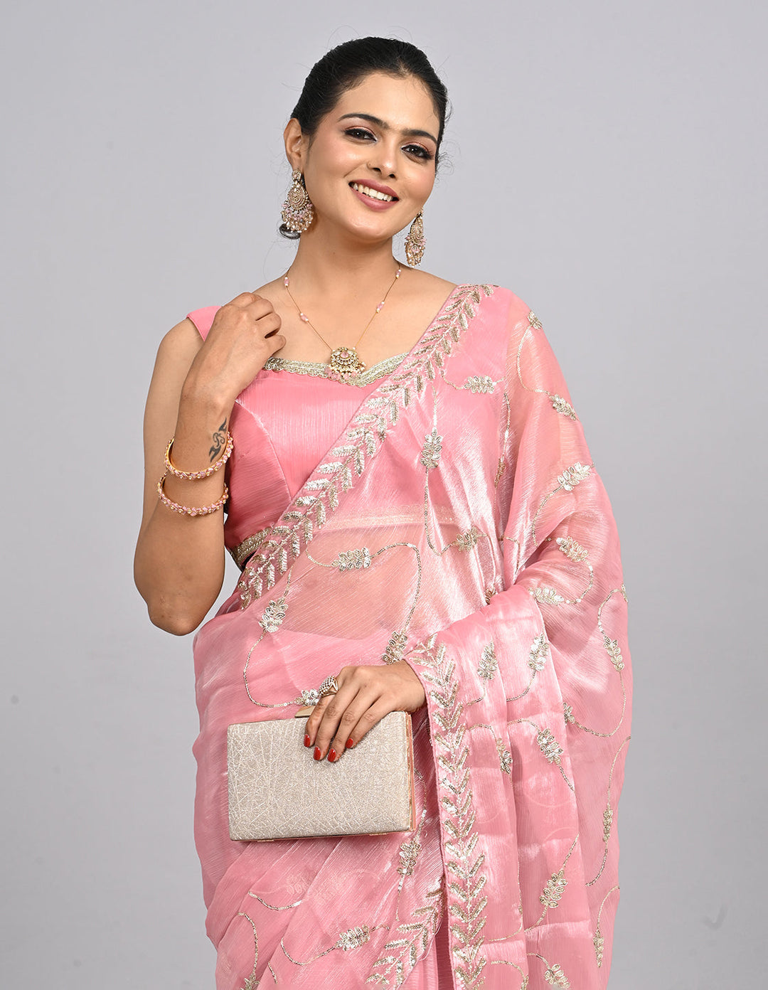 Samaira – Pink Tissue Saree with Sequin Embroidery & Self-Coloured Blouse | Fazals (45063)