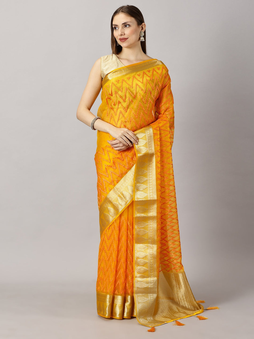 Aarohi  - Organza Yellow Zari Embroidered Saree (23764)
