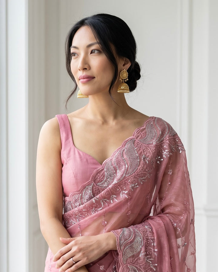 Embroidered Pink Chiffon Saree (44276)