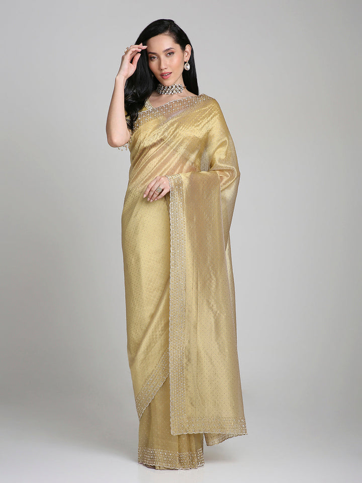 Devika – Gold Tissue Silk Saree with Crystal Border | Fazals (45079)