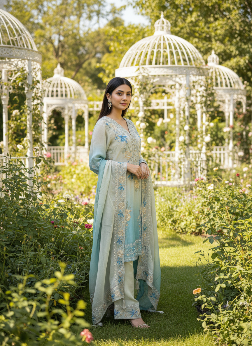 Embroidered Blue Tissue Pant Suit for Festive Evenings (50409)