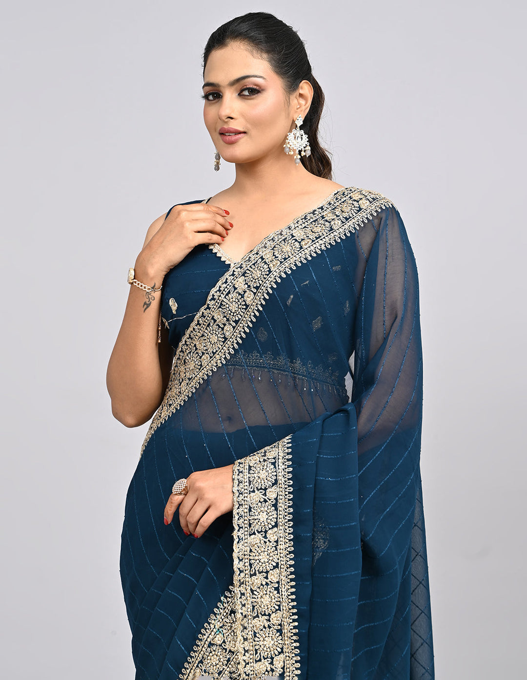 Meher – Navy Blue Embroidered Saree with Heavy Border & Unstitched Blouse | Fazals (45060)