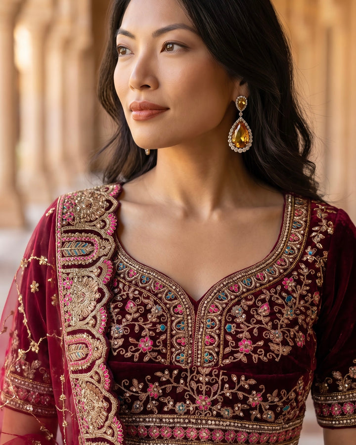 Maroon Velvet Embroidered Bridal Lehenga (45877)