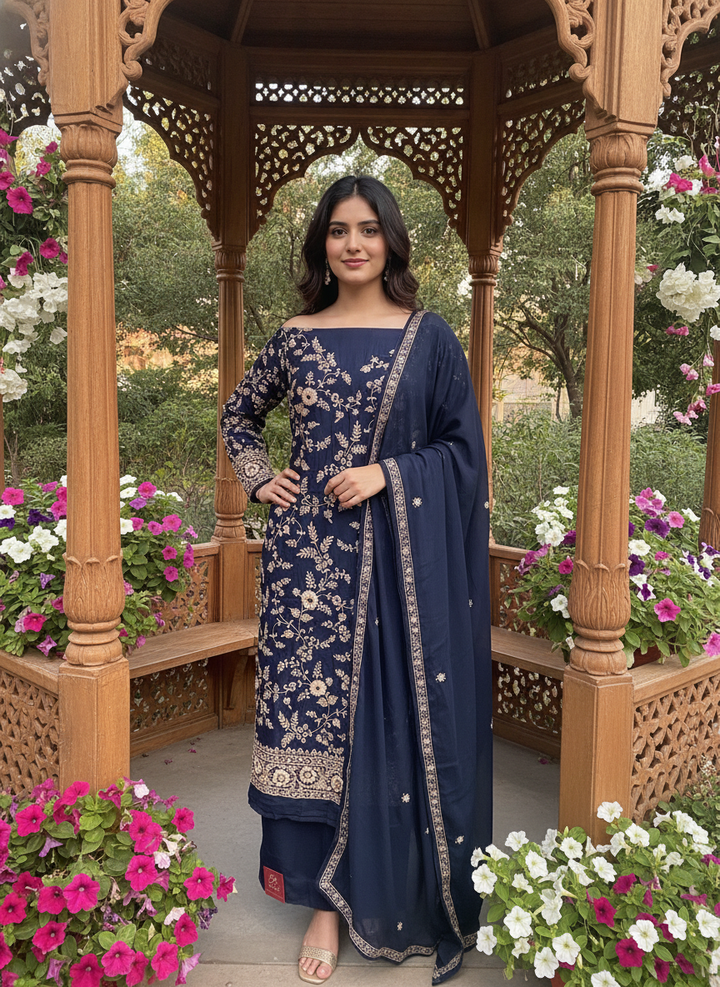 Navy Blue Embroidered Crepe Festive Unstitched Fabric (58873)