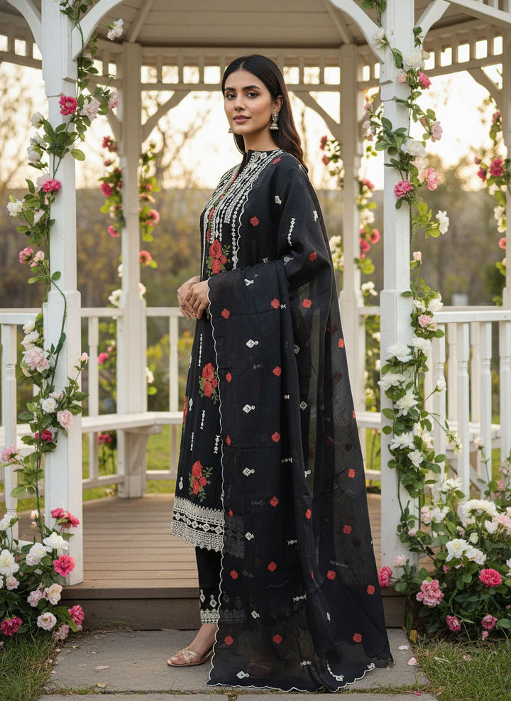 Embroidered Black Mull Unstitched Fabric (54640)