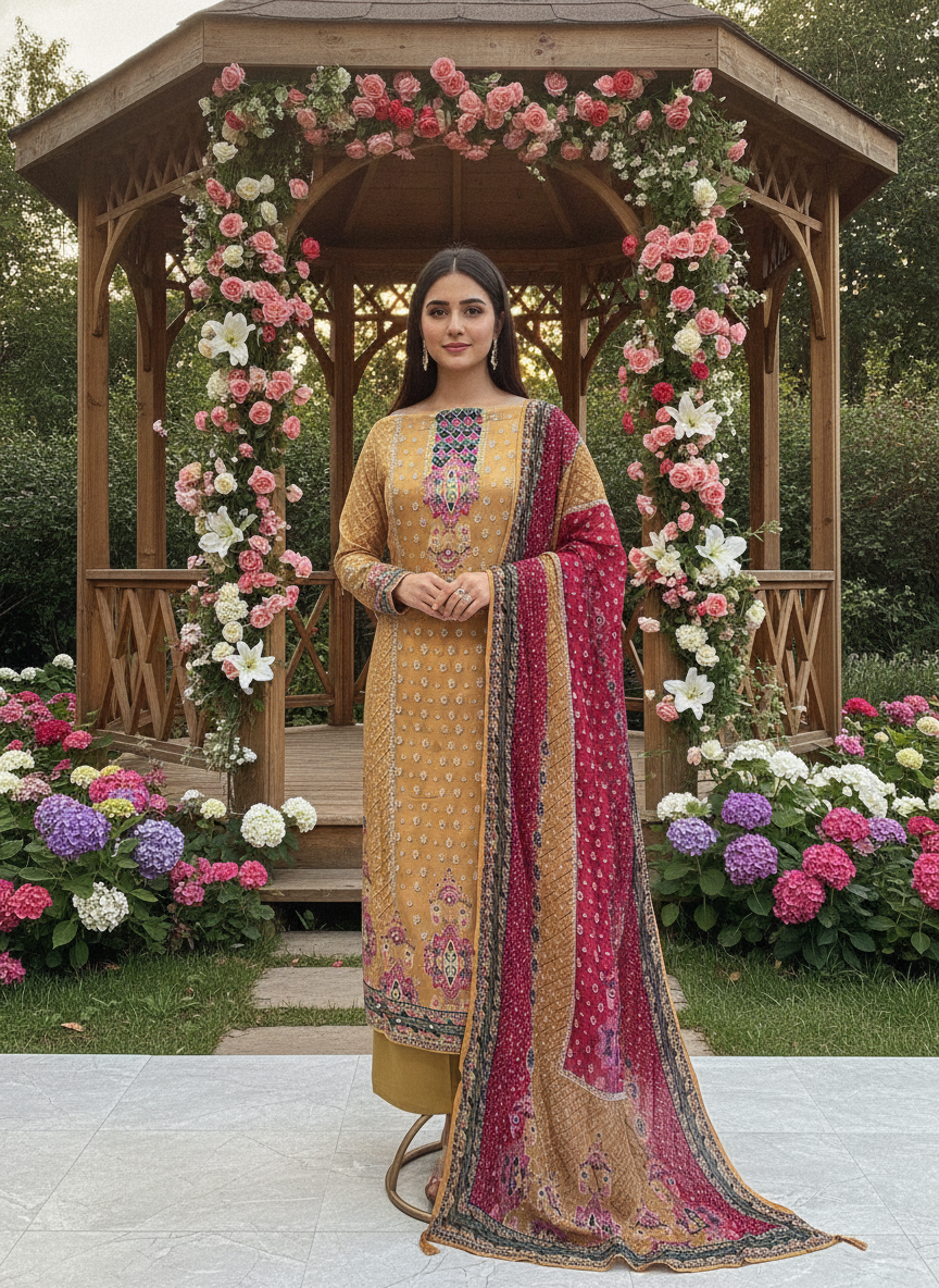 Mustard Muslin with Printed Embroidery Elegance (52828)