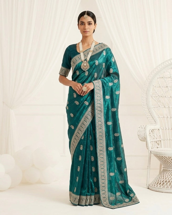 Peacock Blue Embroidered Organza Saree (54592)