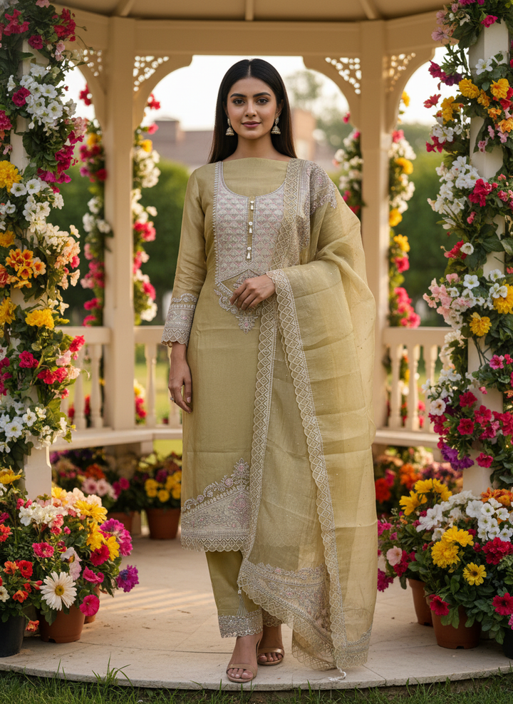 Mustard Organza Embroidered Festive Ensemble (53955)