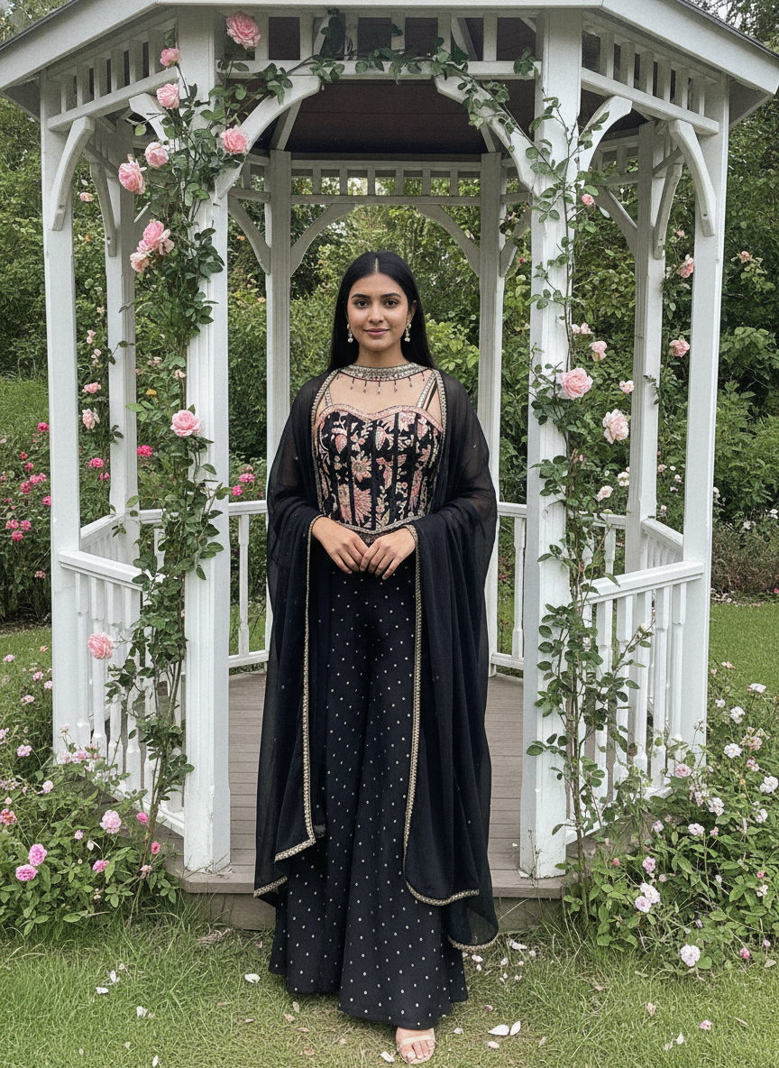 Black Silk Embroidered Plazo Suit Ensemble (56110)