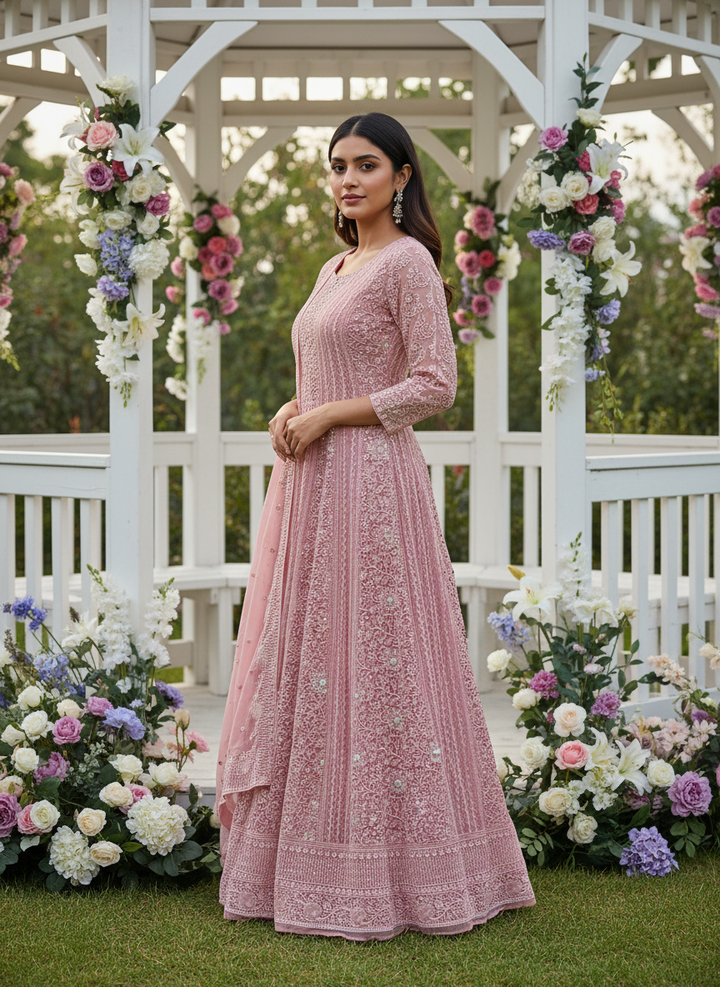Pink Georgette Sequin Embroidered Festive Ensemble (54660)