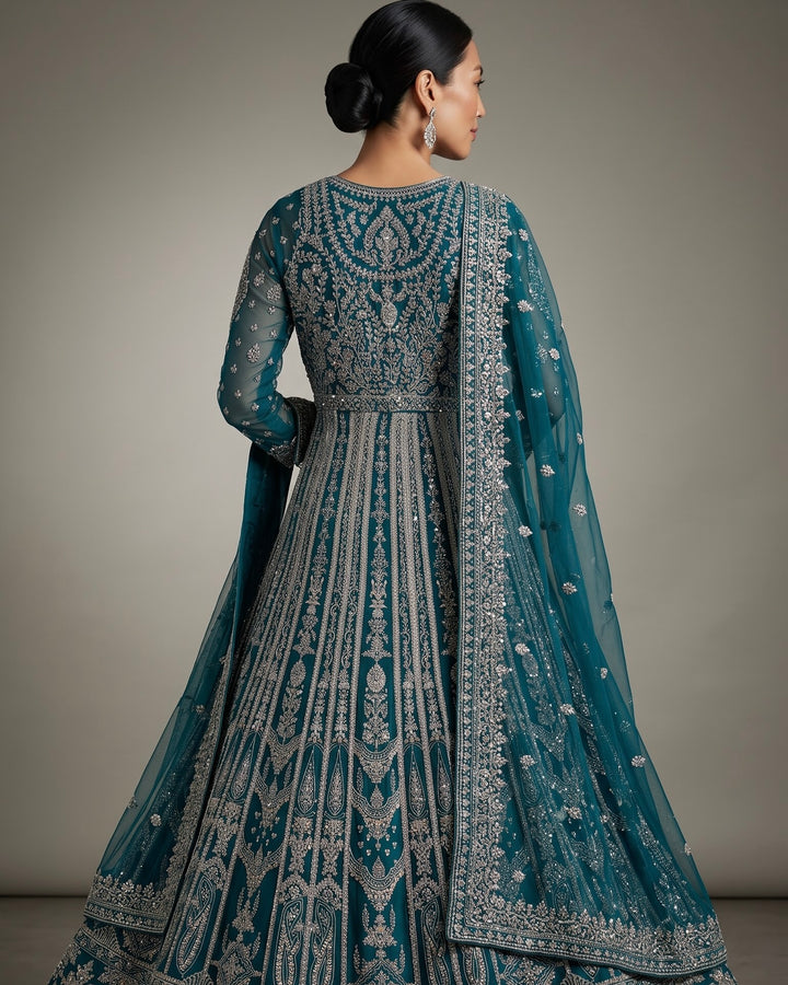 Embroidered Green Net Indo Western (30321)