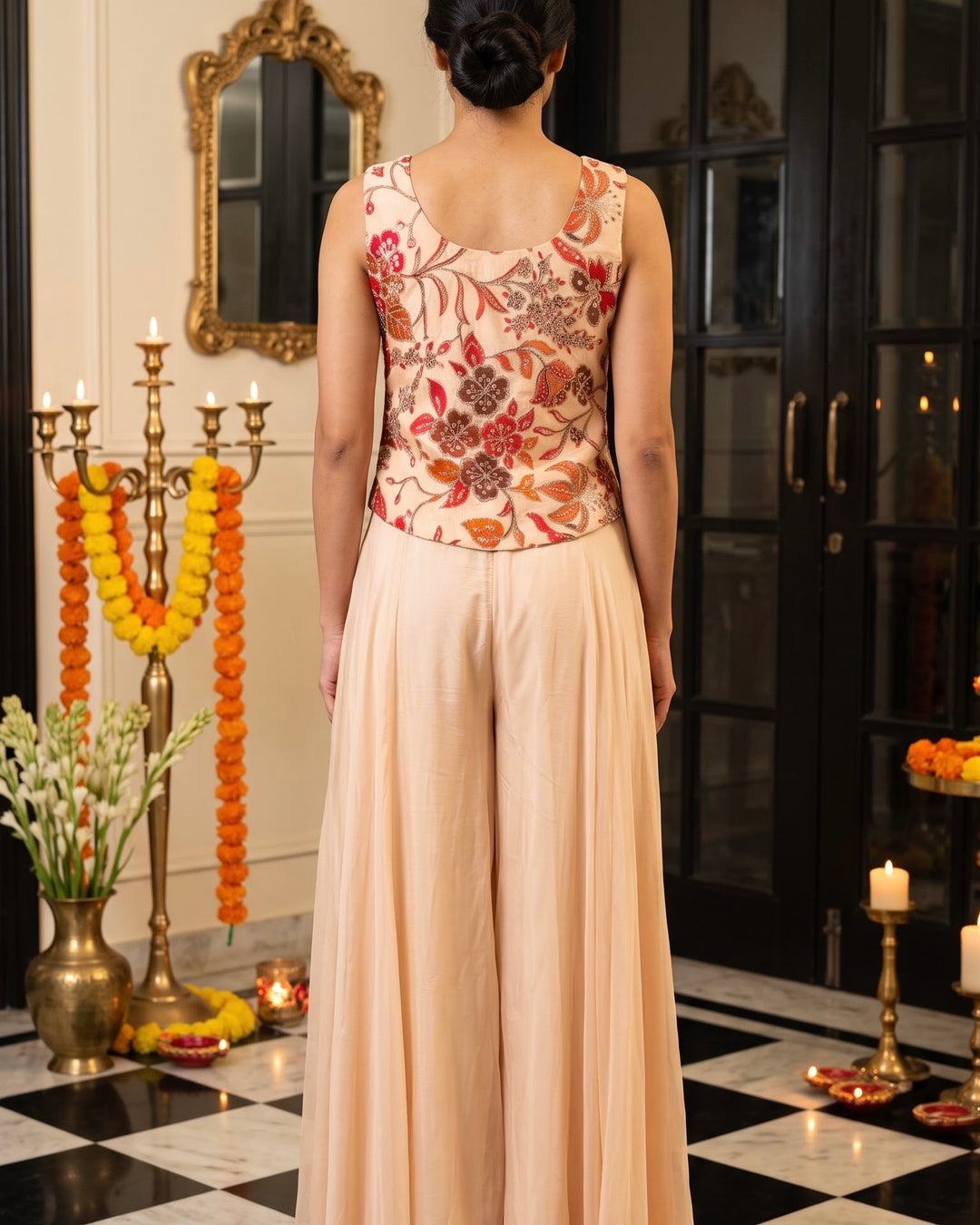 Cream Chinnon Embroidered Short Shirt Palazzo Set (56376)