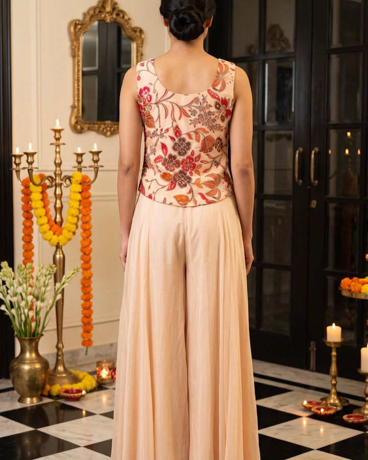Cream Chinnon Embroidered Short Shirt Palazzo Set (56376)