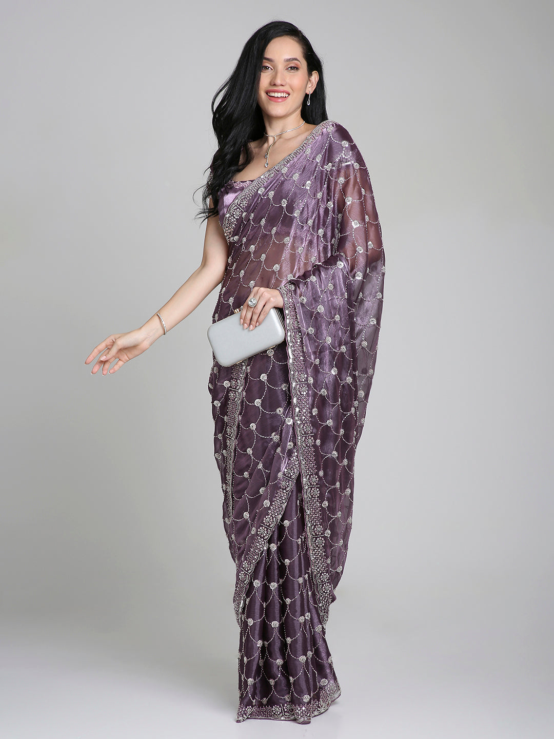 Meher – Lavender Purple Chinnon Saree with Pearl Embroidered Border | Fazals (43391)